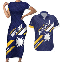 Personalised Happy Nauru Independence Day Couples Matching Short Sleeve Bodycon Dress and Hawaiian Shirt Polynesian Pattern LT05 Blue - Polynesian Pride