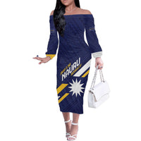 Personalised Happy Nauru Independence Day Family Matching Off The Shoulder Long Sleeve Dress and Hawaiian Shirt Polynesian Pattern