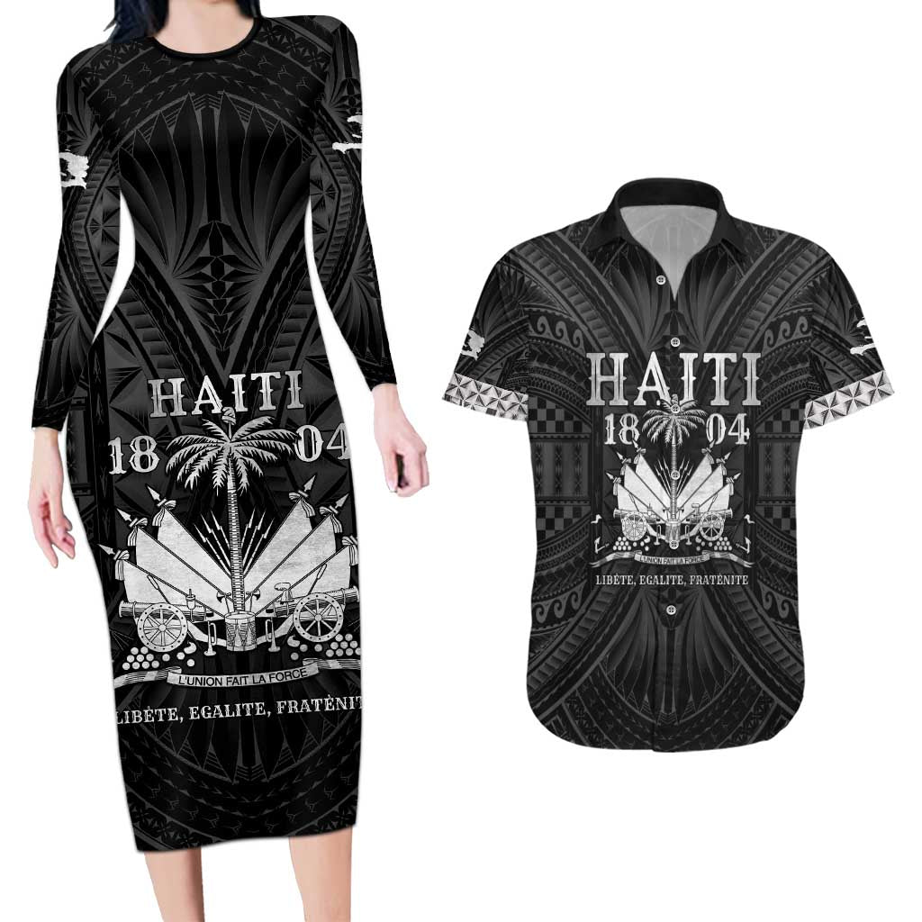 Haiti 1804 Couples Matching Long Sleeve Bodycon Dress and Hawaiian Shirt Polynesian Silver Neg Maron LT05 Silver - Polynesian Pride