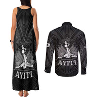 Haiti 1804 Couples Matching Tank Maxi Dress and Long Sleeve Button Shirt Polynesian Silver Neg Maron
