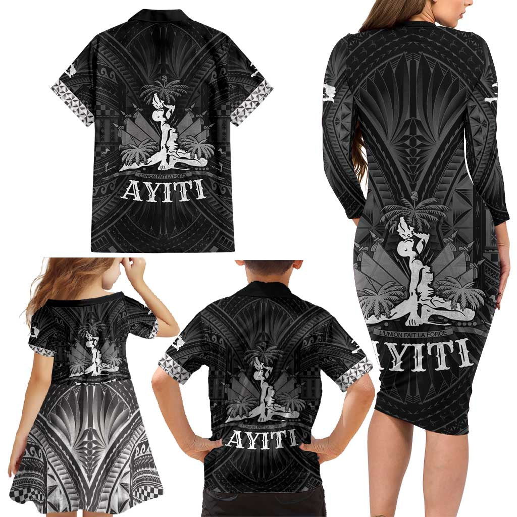 Haiti 1804 Family Matching Long Sleeve Bodycon Dress and Hawaiian Shirt Polynesian Silver Neg Maron LT05 - Polynesian Pride