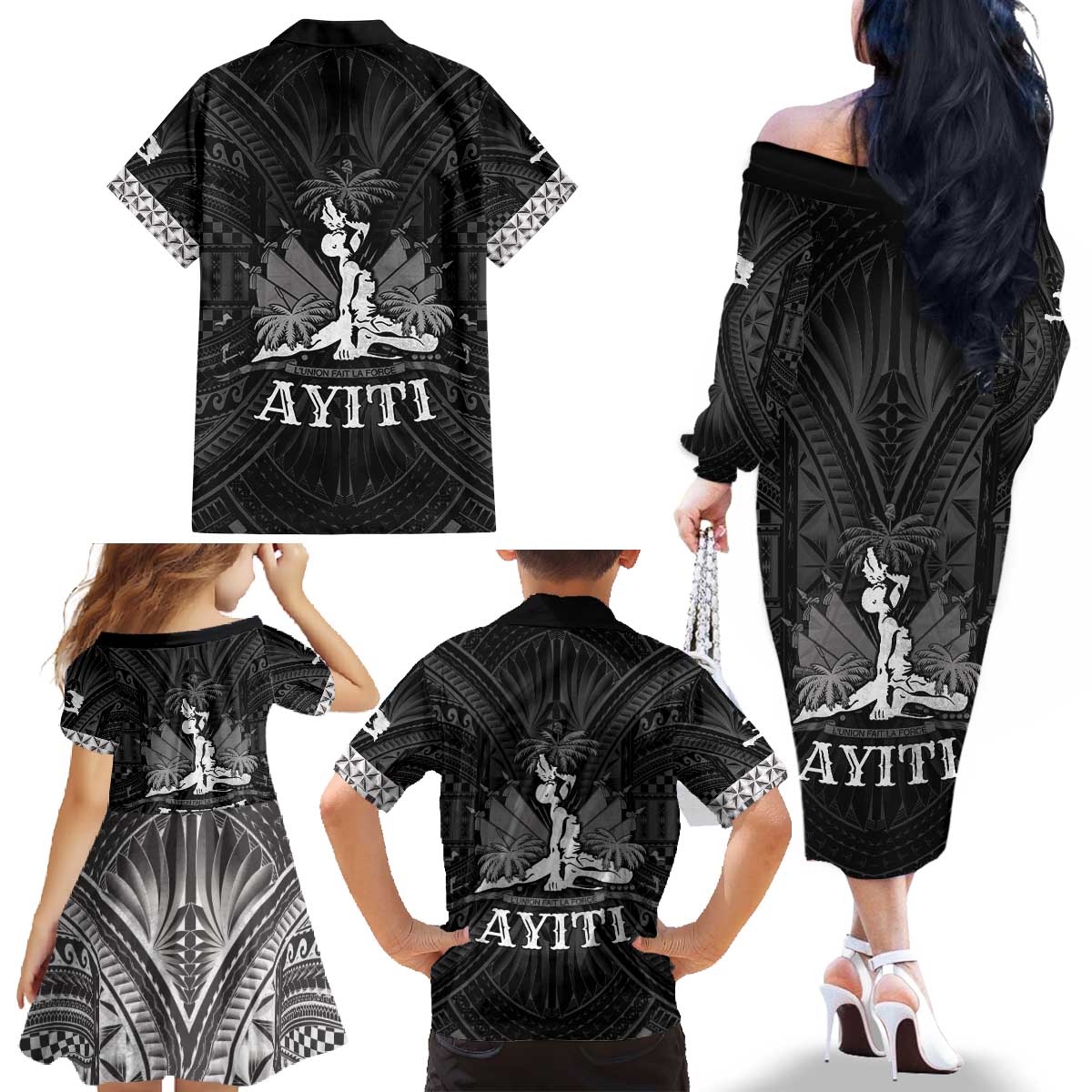 Haiti 1804 Family Matching Off The Shoulder Long Sleeve Dress and Hawaiian Shirt Polynesian Silver Neg Maron LT05 - Polynesian Pride