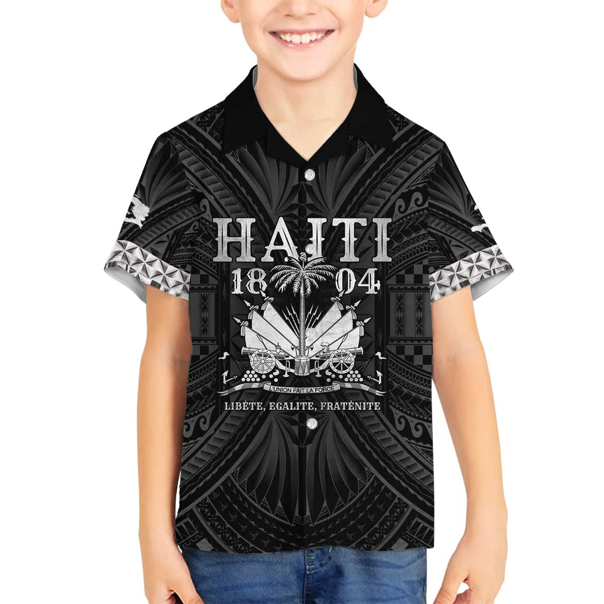Haiti 1804 Family Matching Off The Shoulder Long Sleeve Dress and Hawaiian Shirt Polynesian Silver Neg Maron LT05 Son's Shirt Silver - Polynesian Pride
