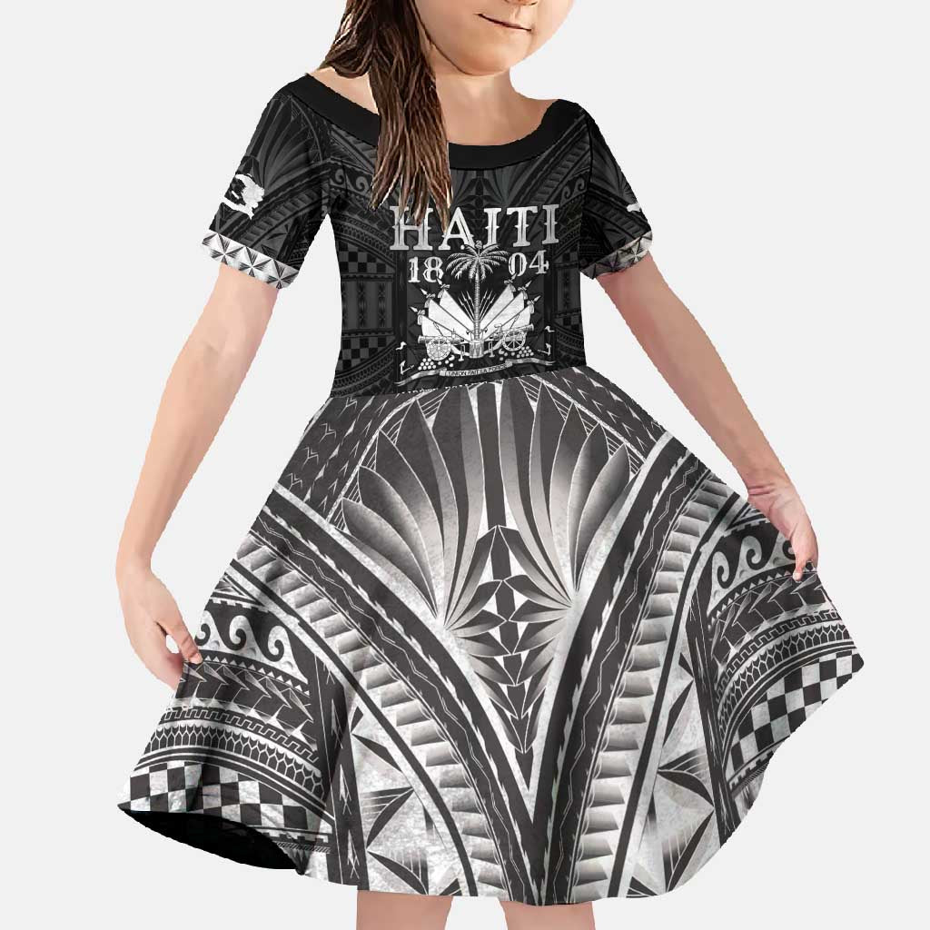 Haiti 1804 Family Matching Short Sleeve Bodycon Dress and Hawaiian Shirt Polynesian Silver Neg Maron LT05 Daughter's Dress Silver - Polynesian Pride