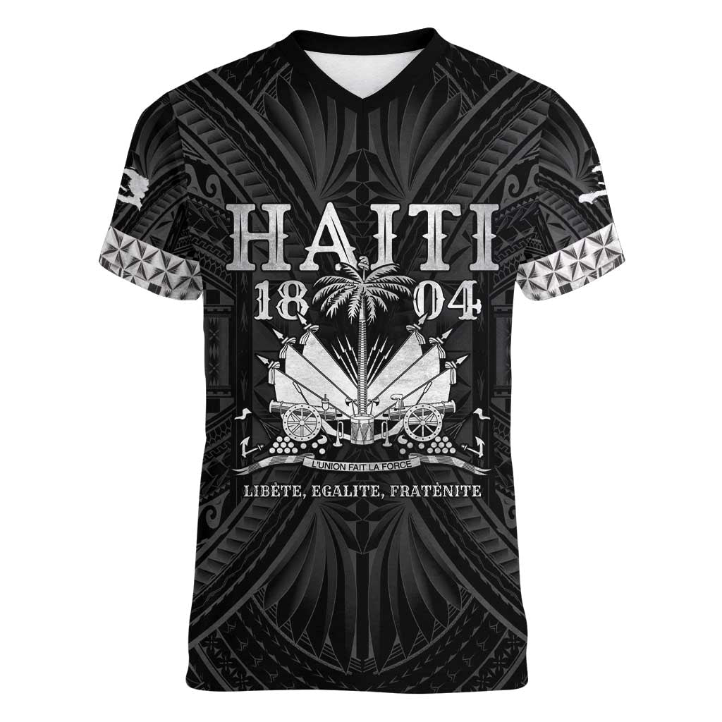 Haiti 1804 Women V-Neck T-Shirt Polynesian Silver Neg Maron