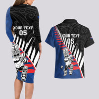 Custom New Zealand Auckland Cricket Couples Matching Long Sleeve Bodycon Dress and Hawaiian Shirt With Maori Pattern LT05 - Polynesian Pride