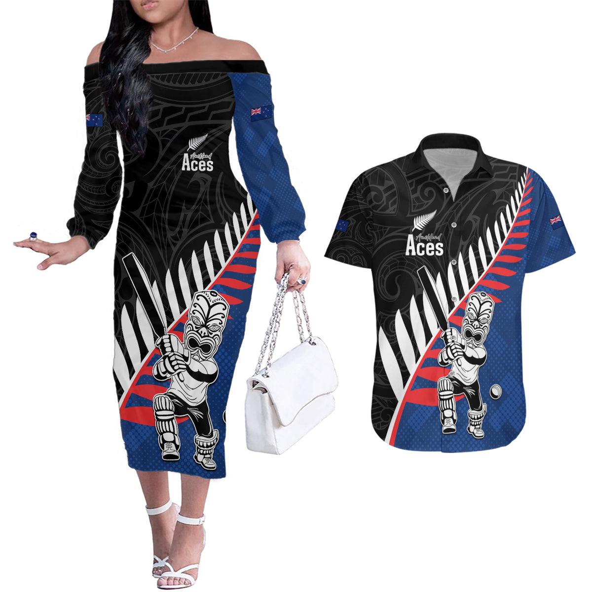 Custom New Zealand Auckland Cricket Couples Matching Off The Shoulder Long Sleeve Dress and Hawaiian Shirt With Maori Pattern LT05 Blue - Polynesian Pride