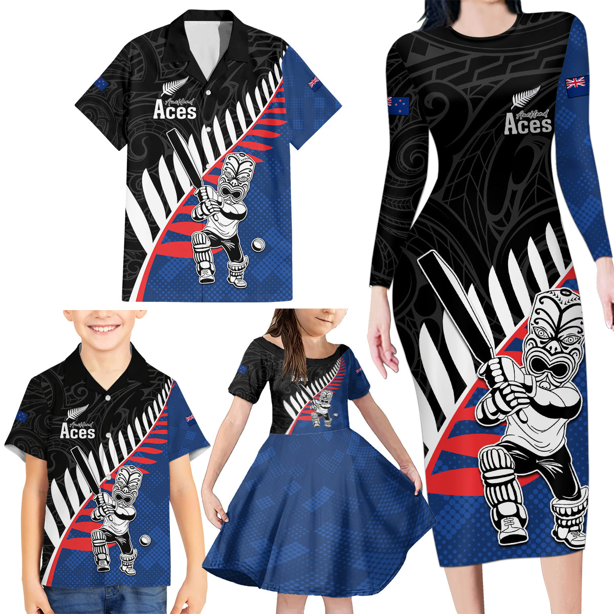 Custom New Zealand Auckland Cricket Family Matching Long Sleeve Bodycon Dress and Hawaiian Shirt With Maori Pattern LT05 - Polynesian Pride