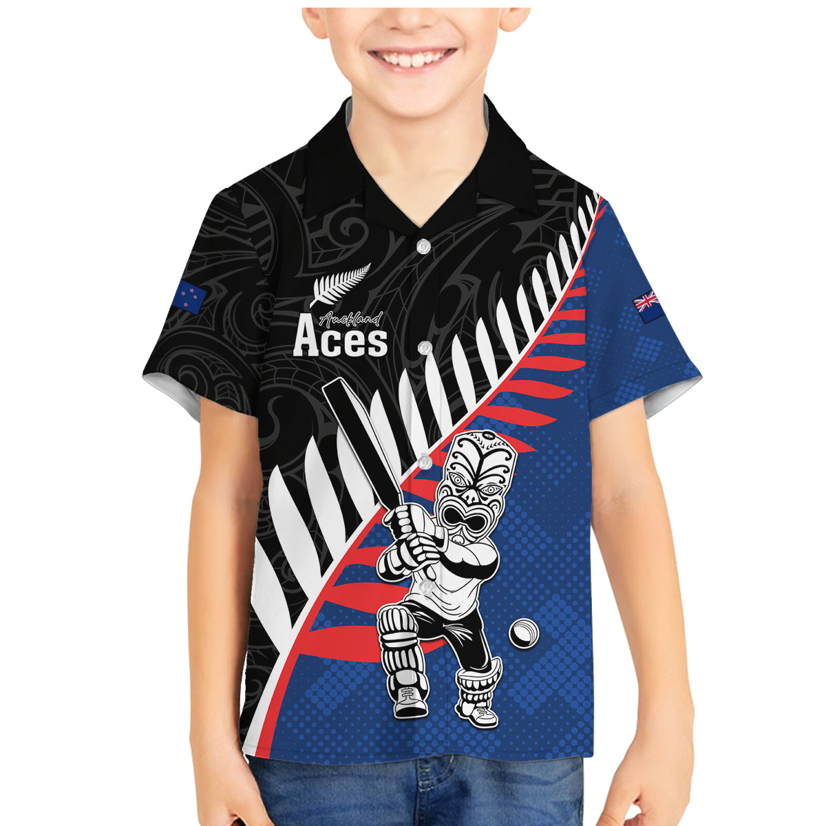 Custom New Zealand Auckland Cricket Family Matching Mermaid Dress and Hawaiian Shirt With Maori Pattern LT05 Son's Shirt Blue - Polynesian Pride