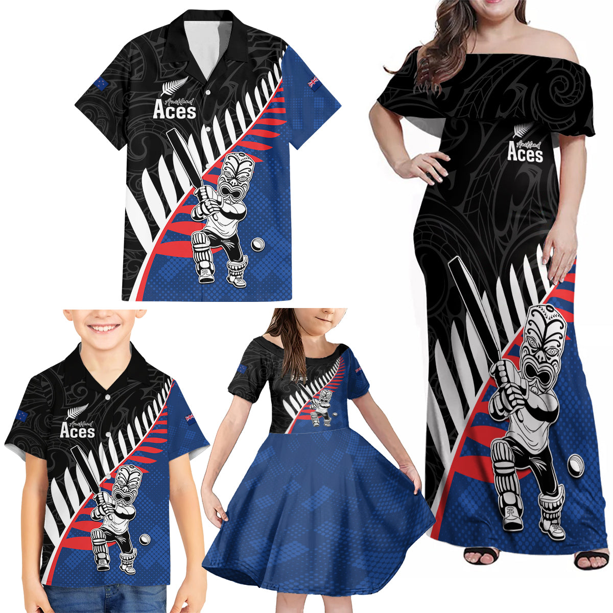 Custom New Zealand Auckland Cricket Family Matching Off Shoulder Maxi Dress and Hawaiian Shirt With Maori Pattern LT05 - Polynesian Pride