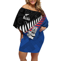 Custom New Zealand Auckland Cricket Family Matching Off Shoulder Short Dress and Hawaiian Shirt With Maori Pattern LT05 Mom's Dress Blue - Polynesian Pride