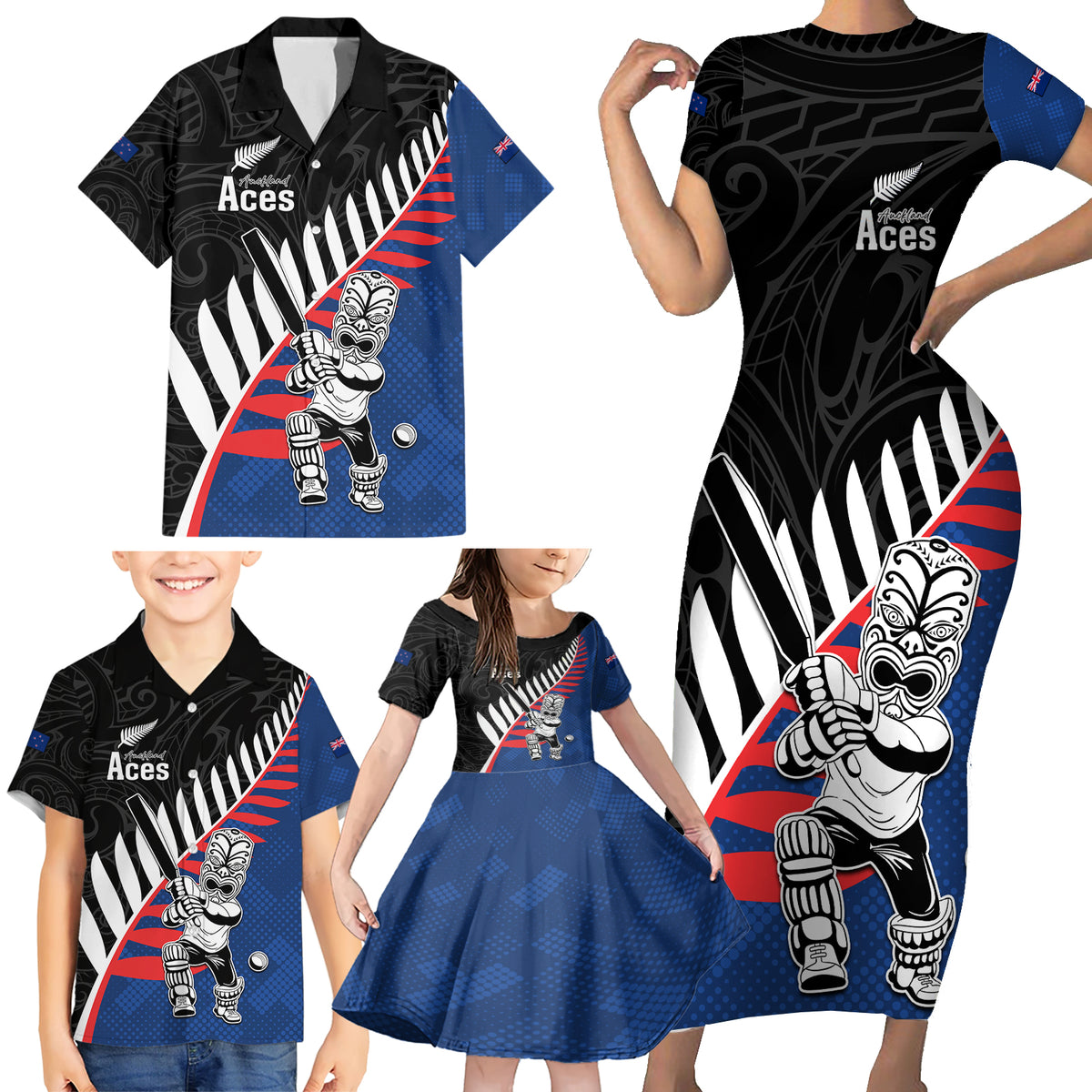 Custom New Zealand Auckland Cricket Family Matching Short Sleeve Bodycon Dress and Hawaiian Shirt With Maori Pattern LT05 - Polynesian Pride