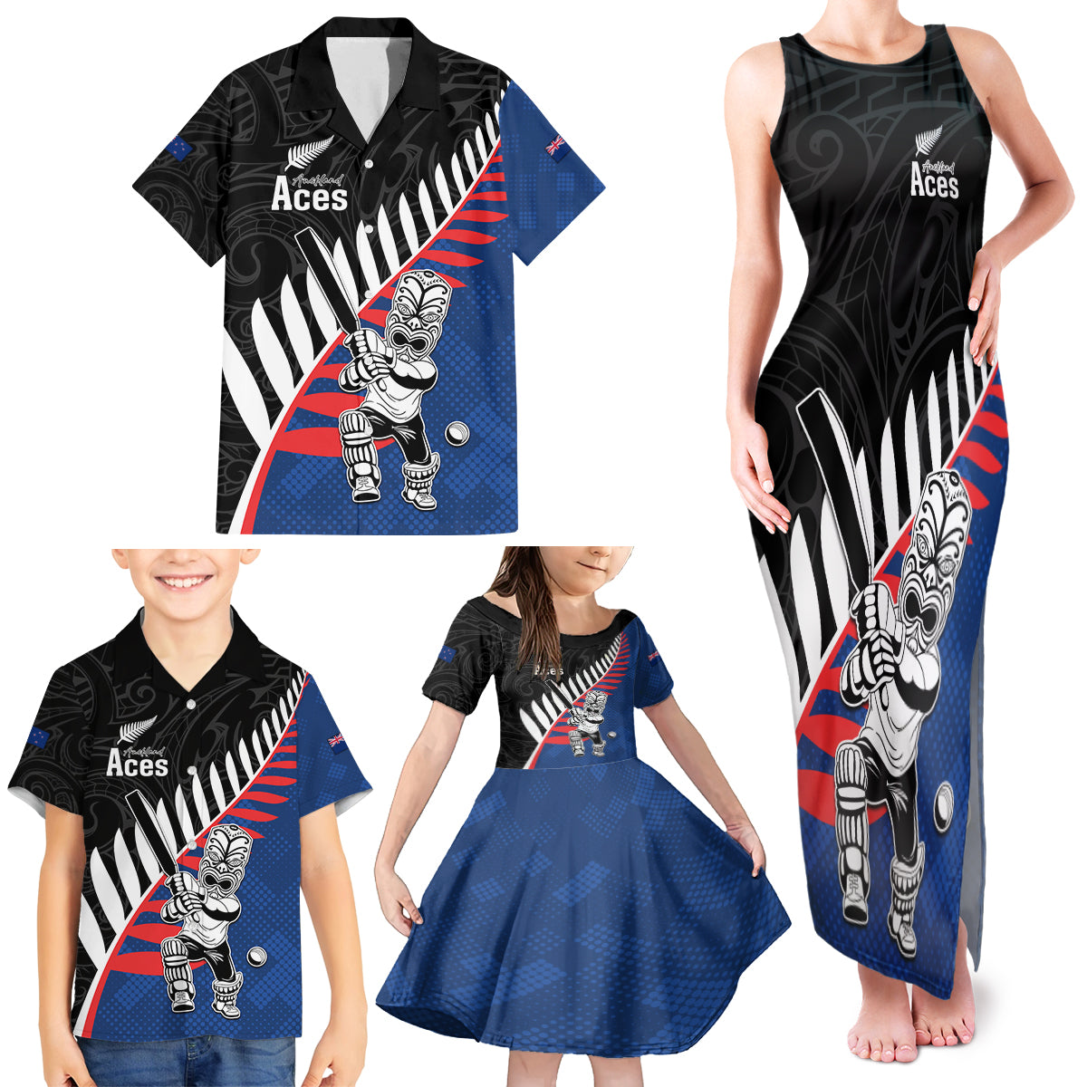 Custom New Zealand Auckland Cricket Family Matching Tank Maxi Dress and Hawaiian Shirt With Maori Pattern LT05 - Polynesian Pride