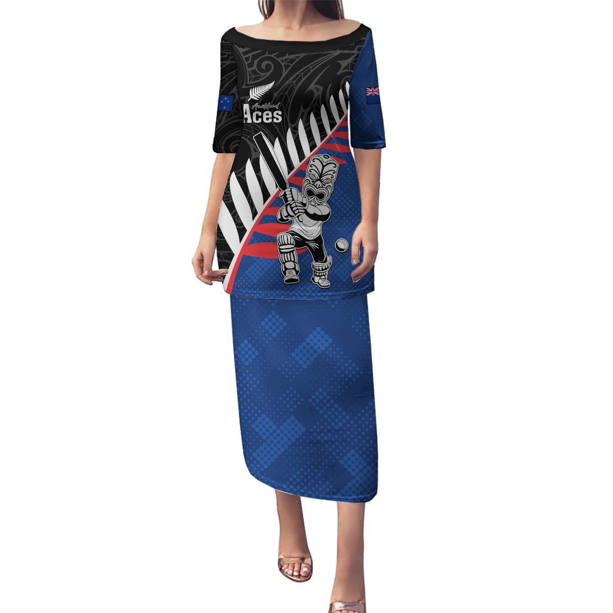Custom New Zealand Auckland Cricket Puletasi With Maori Pattern LT05 Long Dress Blue - Polynesian Pride