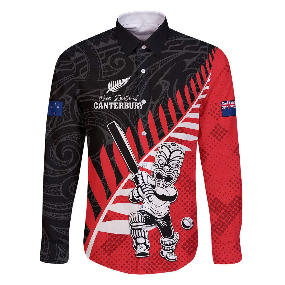 Custom New Zealand Canterbury Cricket Family Matching Long Sleeve Bodycon Dress and Hawaiian Shirt With Maori Pattern LT05 Dad's Shirt - Long Sleeve Red - Polynesian Pride