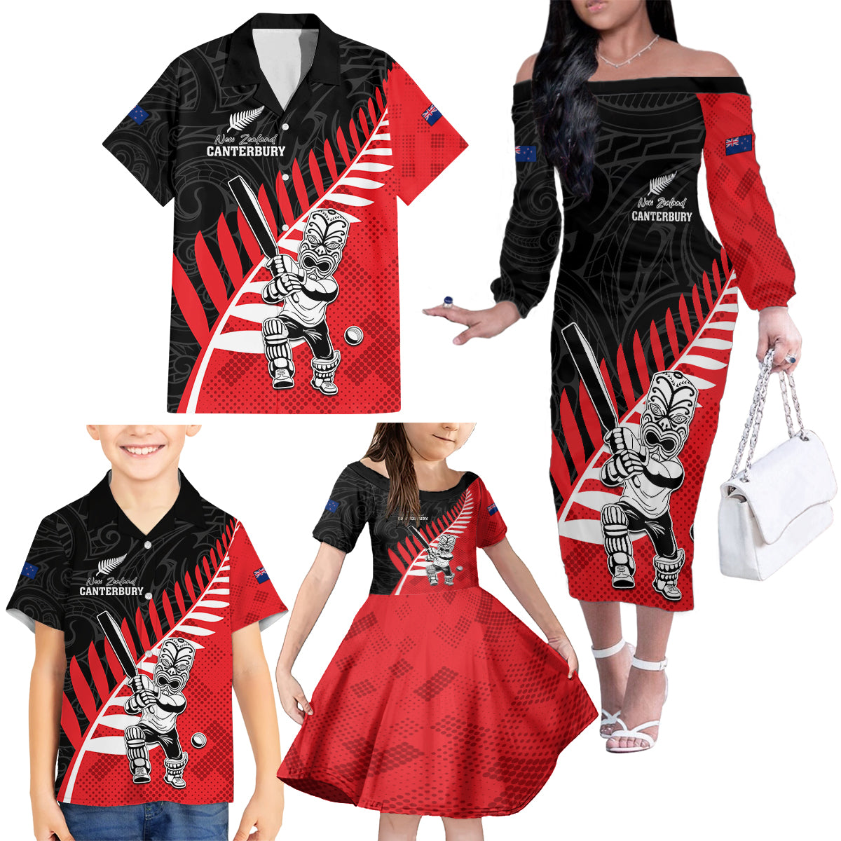 Custom New Zealand Canterbury Cricket Family Matching Off The Shoulder Long Sleeve Dress and Hawaiian Shirt With Maori Pattern LT05 - Polynesian Pride