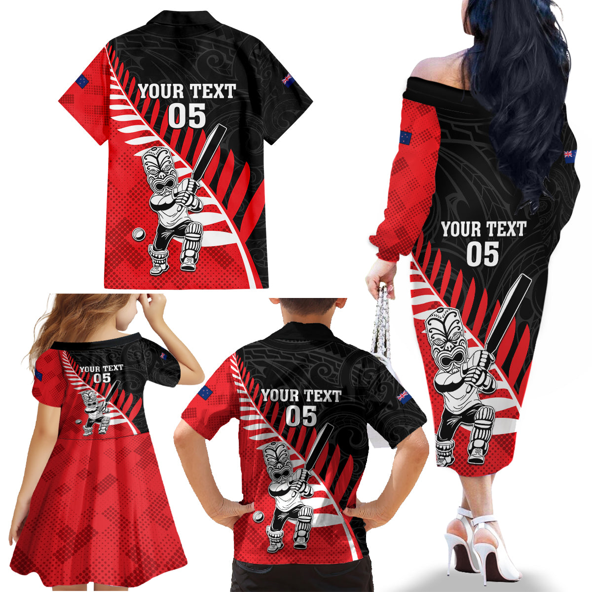 Custom New Zealand Canterbury Cricket Family Matching Off The Shoulder Long Sleeve Dress and Hawaiian Shirt With Maori Pattern LT05 - Polynesian Pride