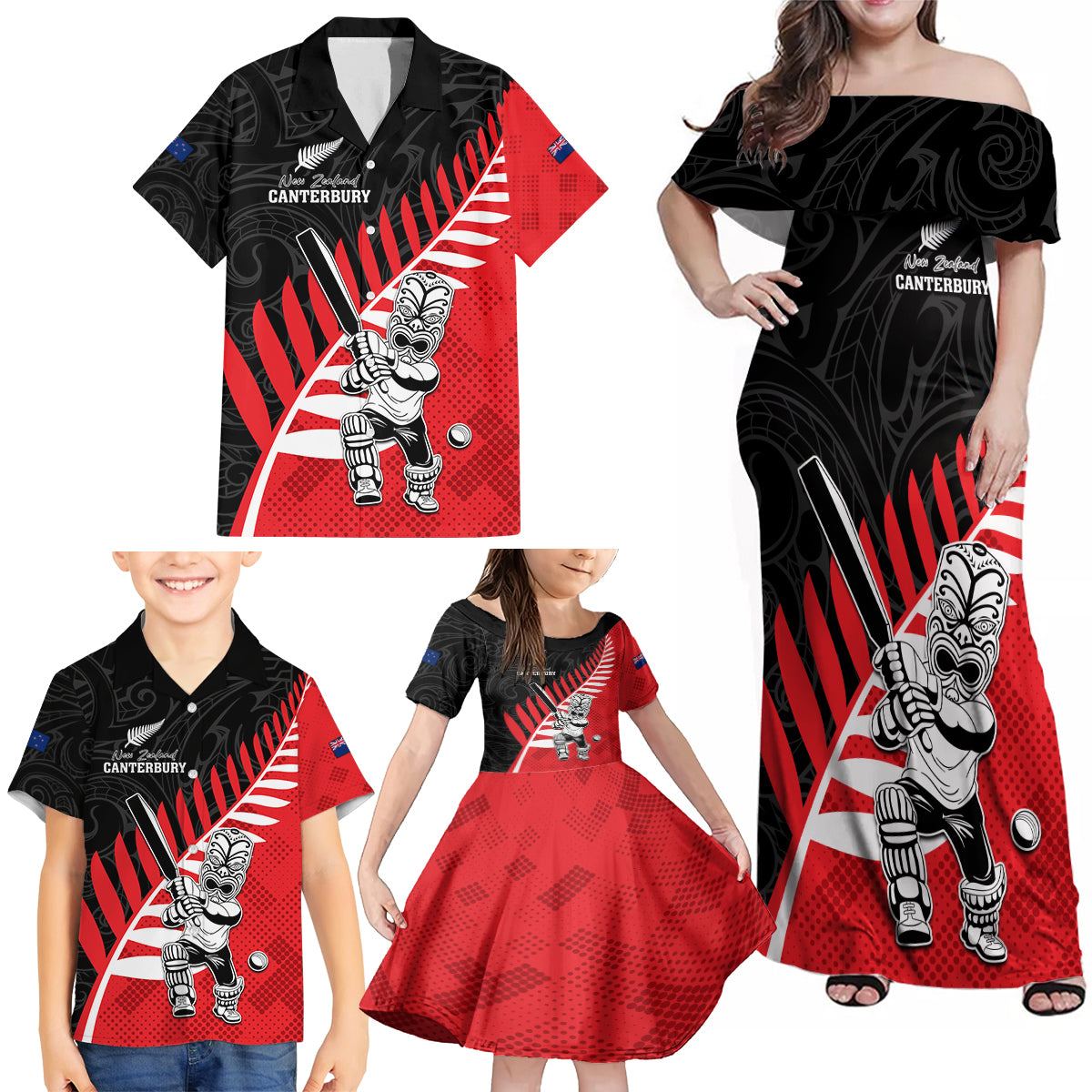 Custom New Zealand Canterbury Cricket Family Matching Off Shoulder Maxi Dress and Hawaiian Shirt With Maori Pattern LT05 - Polynesian Pride