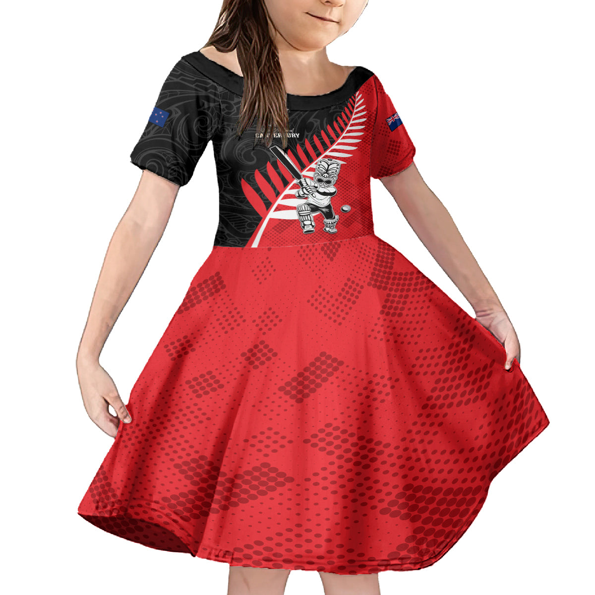 Custom New Zealand Canterbury Cricket Family Matching Off Shoulder Short Dress and Hawaiian Shirt With Maori Pattern LT05 Daughter's Dress Red - Polynesian Pride