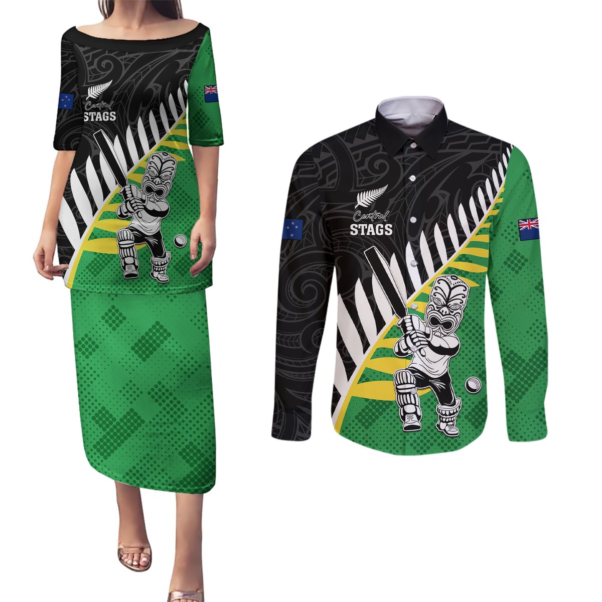 Custom New Zealand Central Districts Cricket Couples Matching Puletasi and Long Sleeve Button Shirt With Maori Pattern LT05 Green - Polynesian Pride