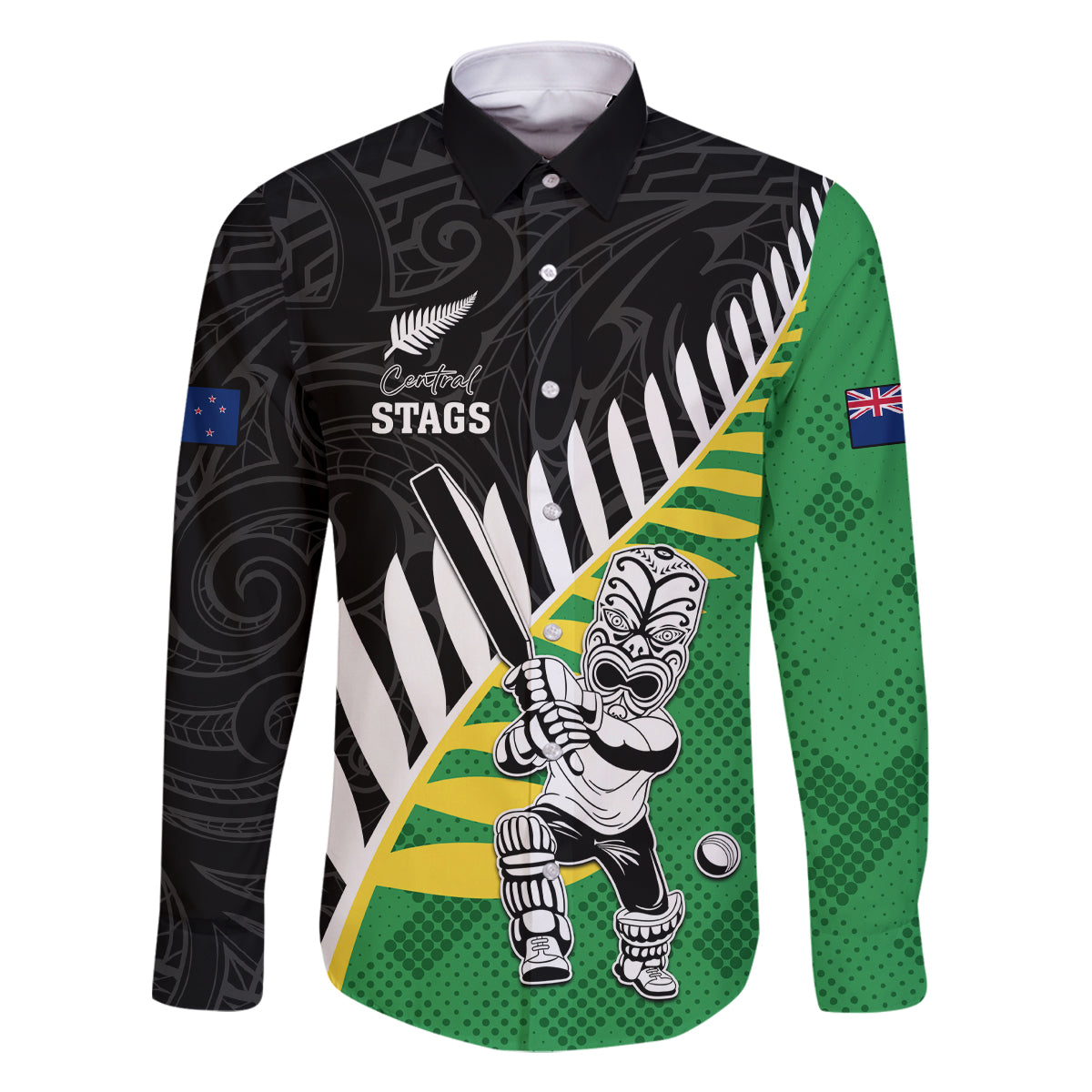 Custom New Zealand Central Districts Cricket Family Matching Long Sleeve Bodycon Dress and Hawaiian Shirt With Maori Pattern LT05 Dad's Shirt - Long Sleeve Green - Polynesian Pride