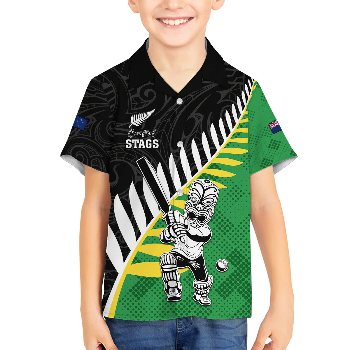 Custom New Zealand Central Districts Cricket Family Matching Off The Shoulder Long Sleeve Dress and Hawaiian Shirt With Maori Pattern LT05 Son's Shirt Green - Polynesian Pride