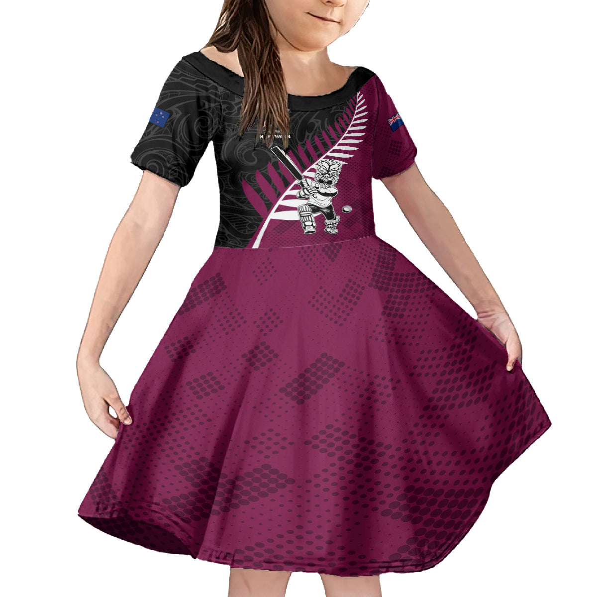 Custom New Zealand Northern Districts Cricket Family Matching Off The Shoulder Long Sleeve Dress and Hawaiian Shirt With Maori Pattern LT05 Daughter's Dress Maroon - Polynesian Pride