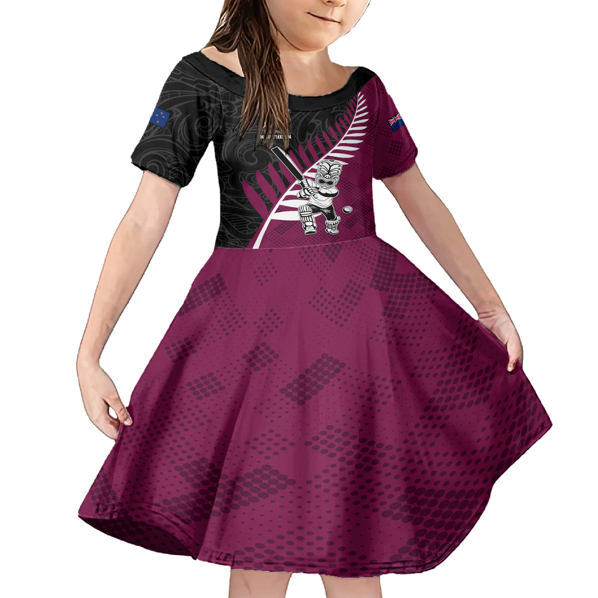 Custom New Zealand Northern Districts Cricket Family Matching Short Sleeve Bodycon Dress and Hawaiian Shirt With Maori Pattern LT05 Daughter's Dress Maroon - Polynesian Pride