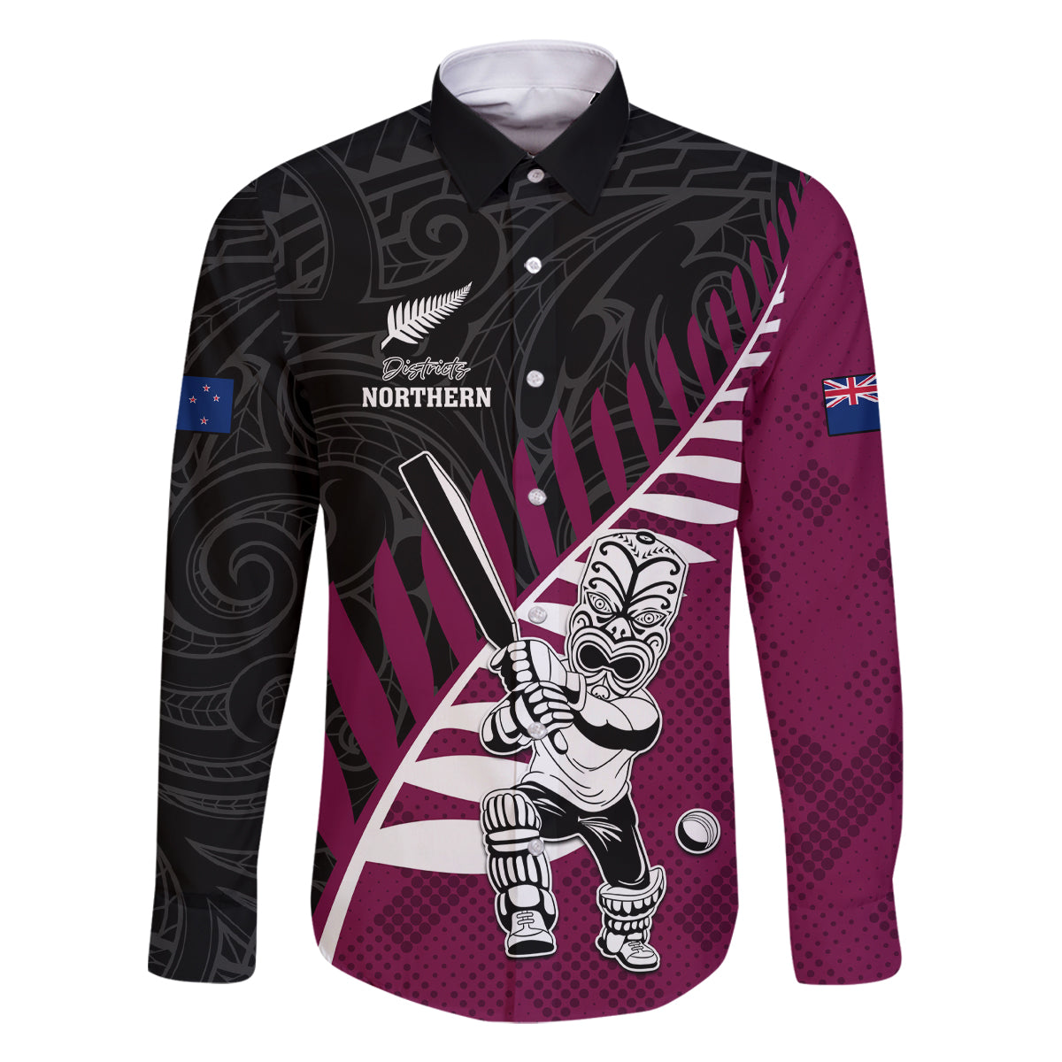 Custom New Zealand Northern Districts Cricket Family Matching Tank Maxi Dress and Hawaiian Shirt With Maori Pattern LT05 Dad's Shirt - Long Sleeve Maroon - Polynesian Pride