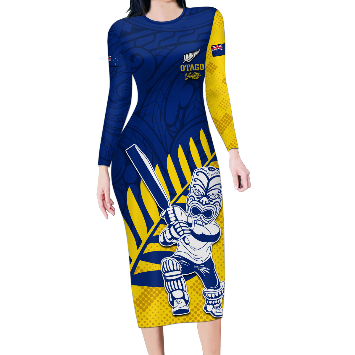 Custom New Zealand Otago Cricket Family Matching Long Sleeve Bodycon Dress and Hawaiian Shirt With Maori Pattern LT05 Mom's Dress Yellow - Polynesian Pride
