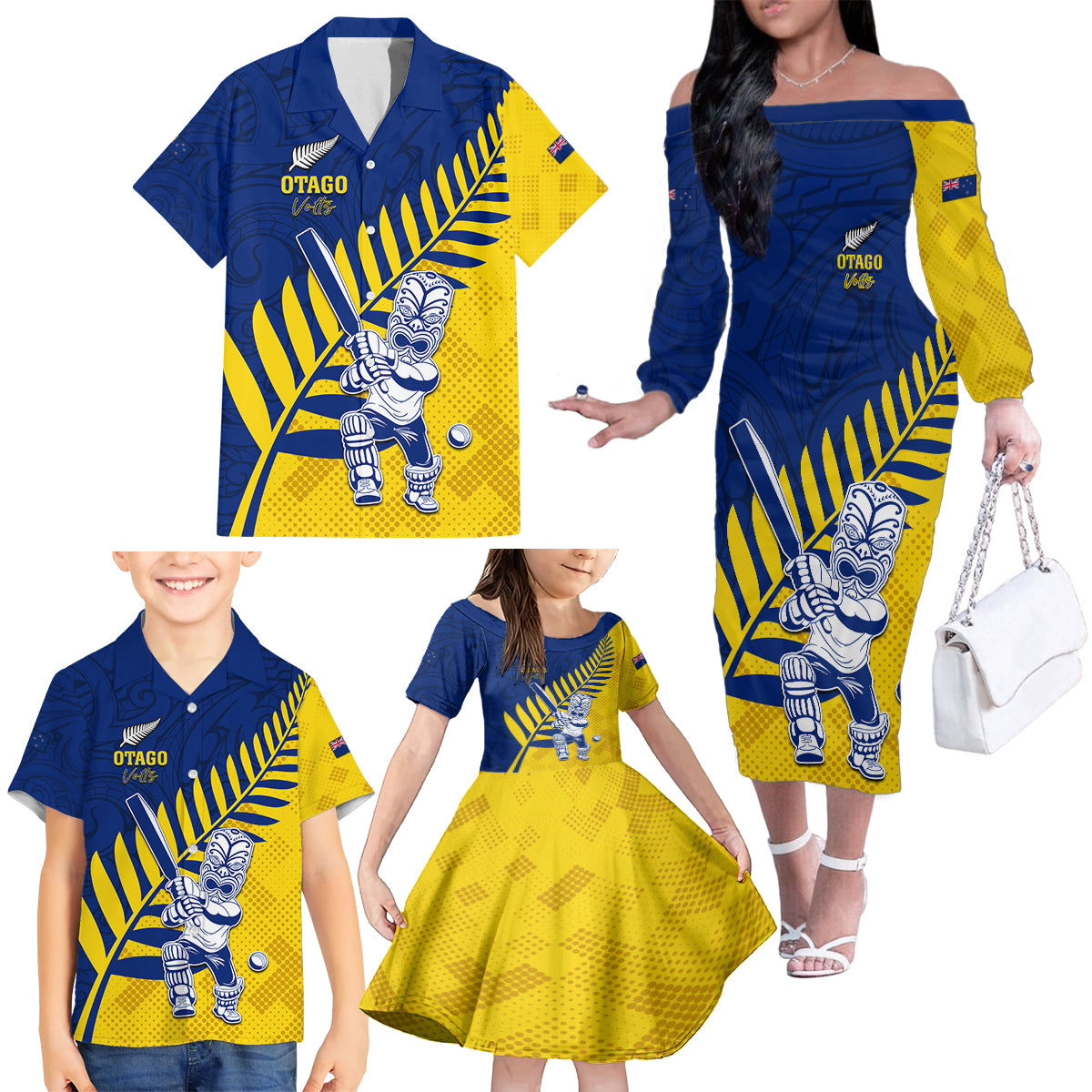 Custom New Zealand Otago Cricket Family Matching Off The Shoulder Long Sleeve Dress and Hawaiian Shirt With Maori Pattern LT05 - Polynesian Pride