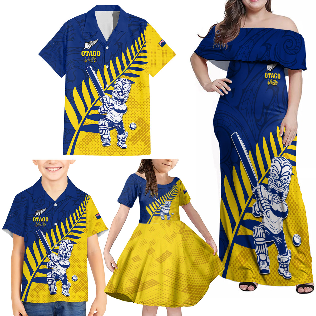 Custom New Zealand Otago Cricket Family Matching Off Shoulder Maxi Dress and Hawaiian Shirt With Maori Pattern LT05 - Polynesian Pride