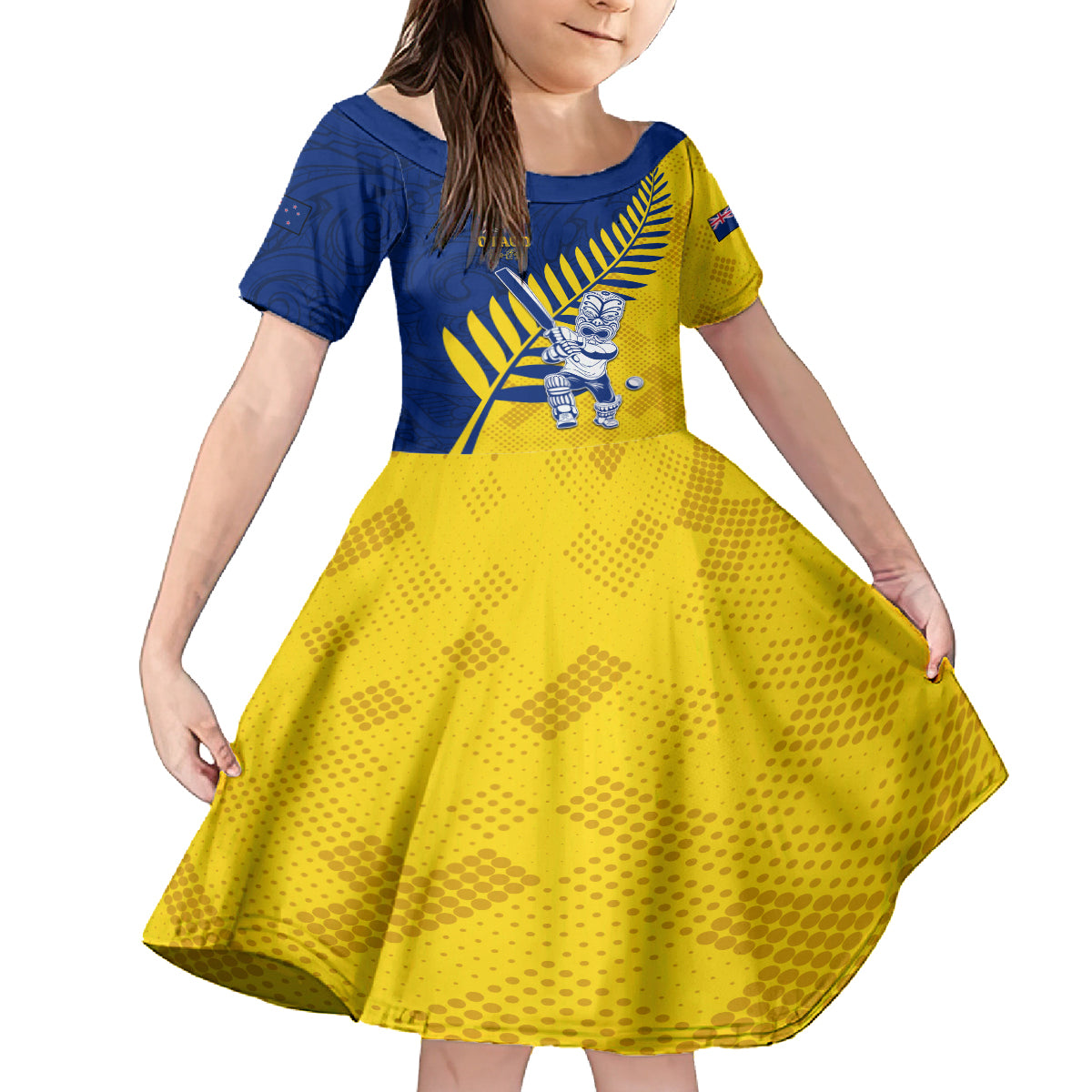 Custom New Zealand Otago Cricket Family Matching Off Shoulder Short Dress and Hawaiian Shirt With Maori Pattern LT05 Daughter's Dress Yellow - Polynesian Pride