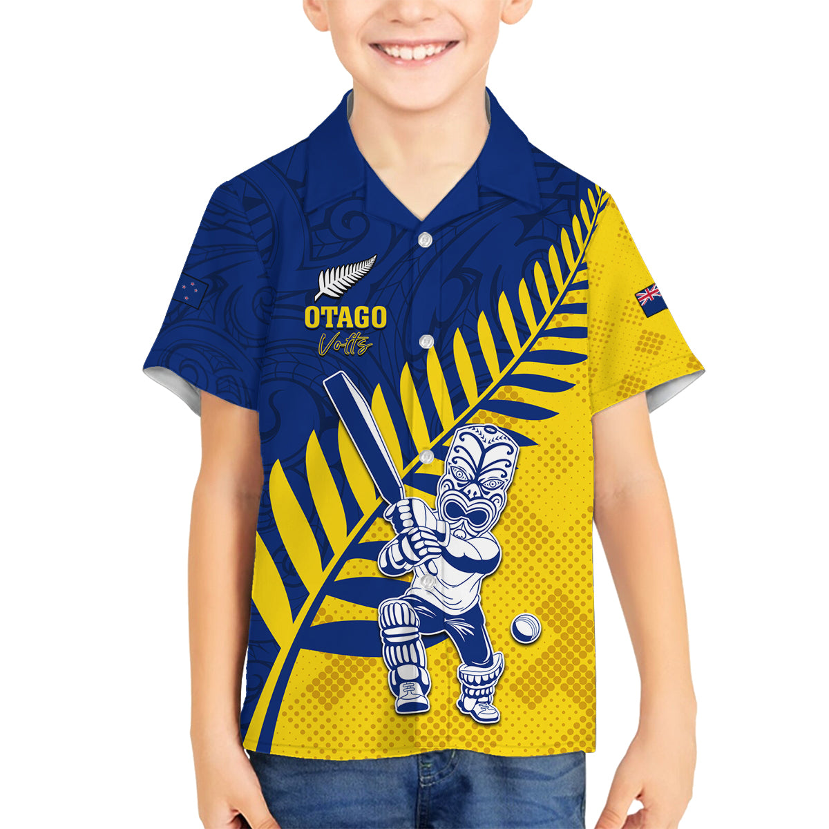Custom New Zealand Otago Cricket Family Matching Off Shoulder Short Dress and Hawaiian Shirt With Maori Pattern LT05 Son's Shirt Yellow - Polynesian Pride