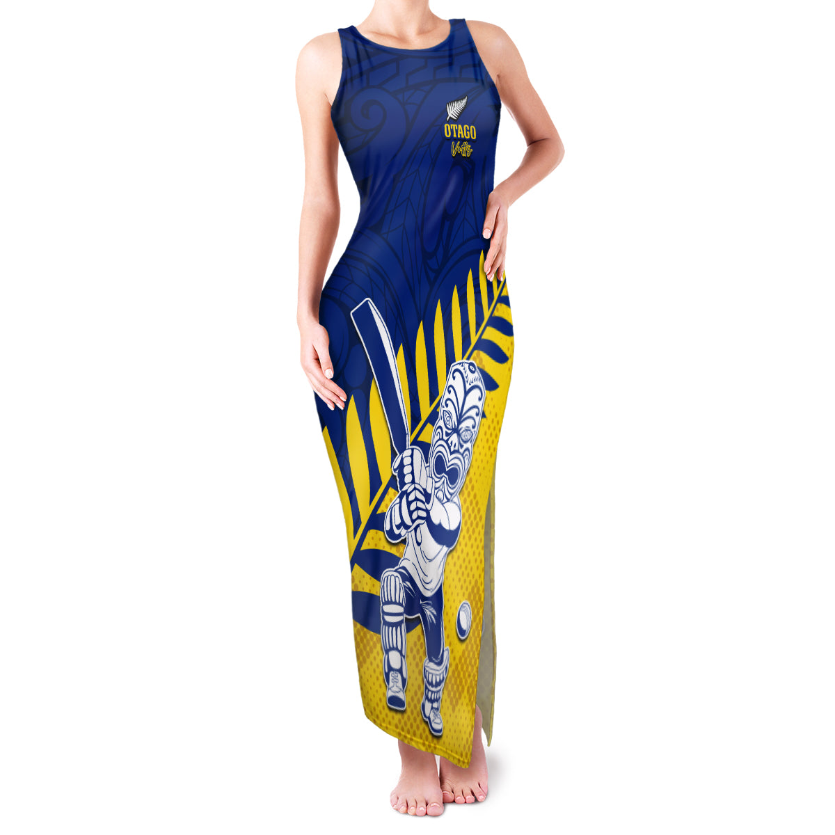 Custom New Zealand Otago Cricket Family Matching Tank Maxi Dress and Hawaiian Shirt With Maori Pattern LT05 Mom's Dress Yellow - Polynesian Pride