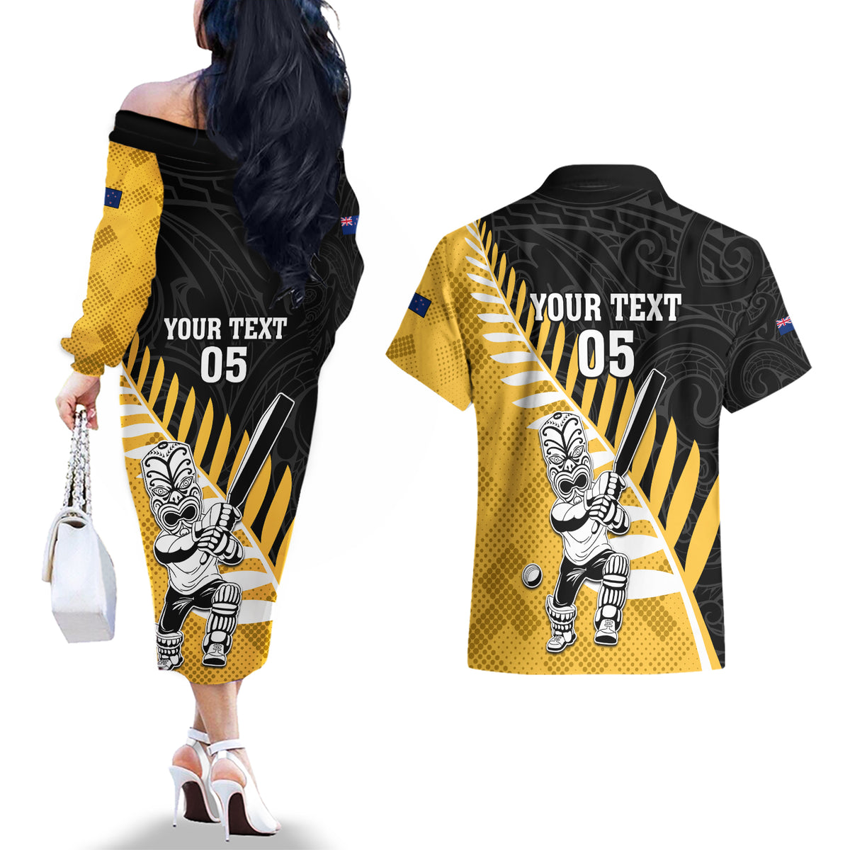 Custom New Zealand Wellington Cricket Couples Matching Off The Shoulder Long Sleeve Dress and Hawaiian Shirt With Maori Pattern LT05 - Polynesian Pride