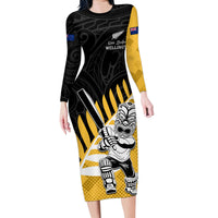 Custom New Zealand Wellington Cricket Family Matching Long Sleeve Bodycon Dress and Hawaiian Shirt With Maori Pattern LT05 Mom's Dress Yellow - Polynesian Pride