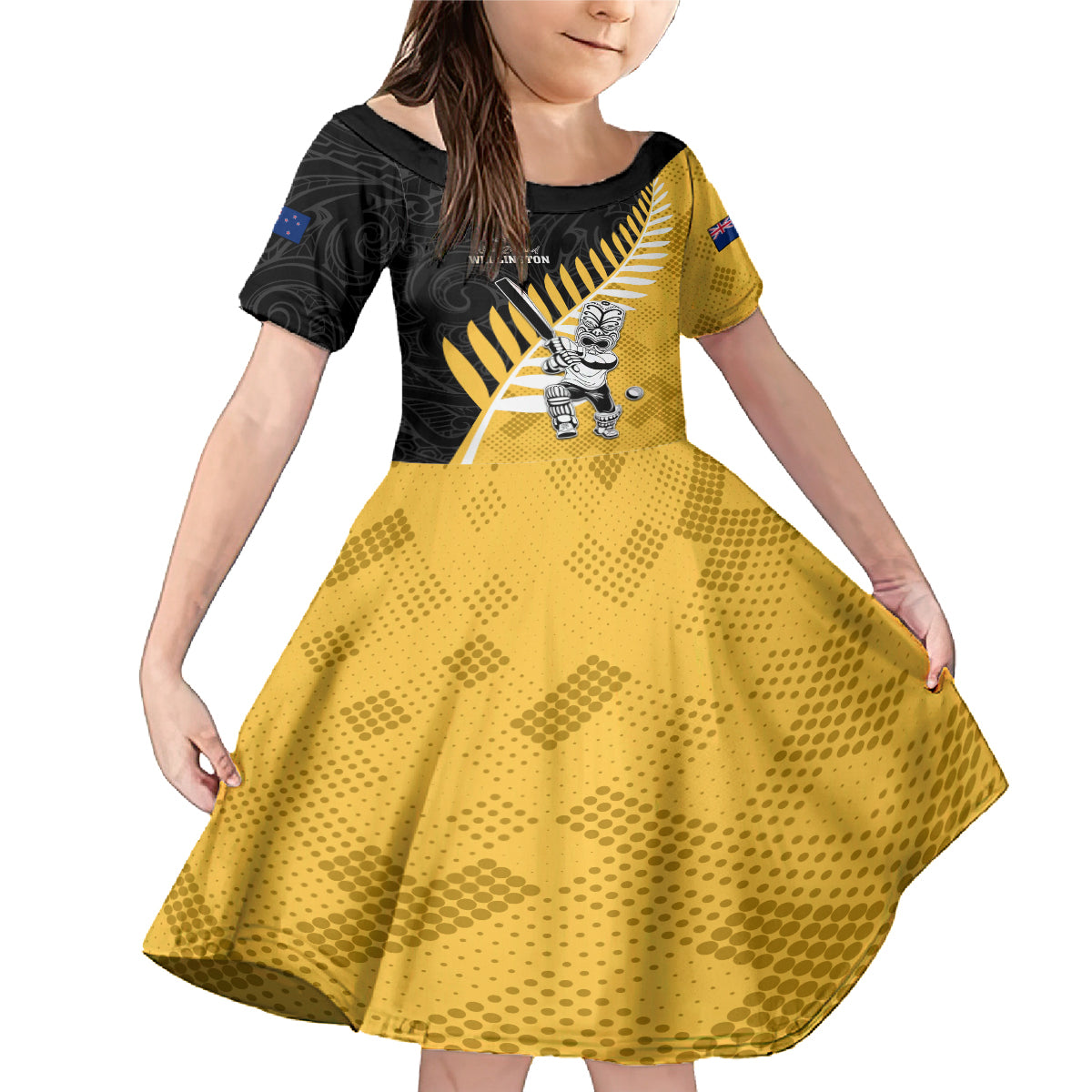 Custom New Zealand Wellington Cricket Family Matching Mermaid Dress and Hawaiian Shirt With Maori Pattern LT05 Daughter's Dress Yellow - Polynesian Pride
