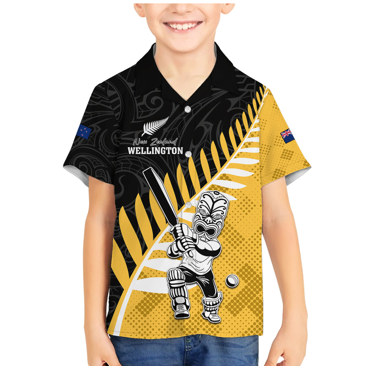 Custom New Zealand Wellington Cricket Family Matching Mermaid Dress and Hawaiian Shirt With Maori Pattern LT05 Son's Shirt Yellow - Polynesian Pride
