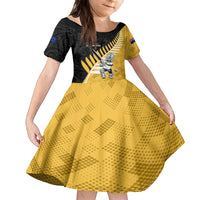 Custom New Zealand Wellington Cricket Family Matching Off The Shoulder Long Sleeve Dress and Hawaiian Shirt With Maori Pattern LT05 Daughter's Dress Yellow - Polynesian Pride