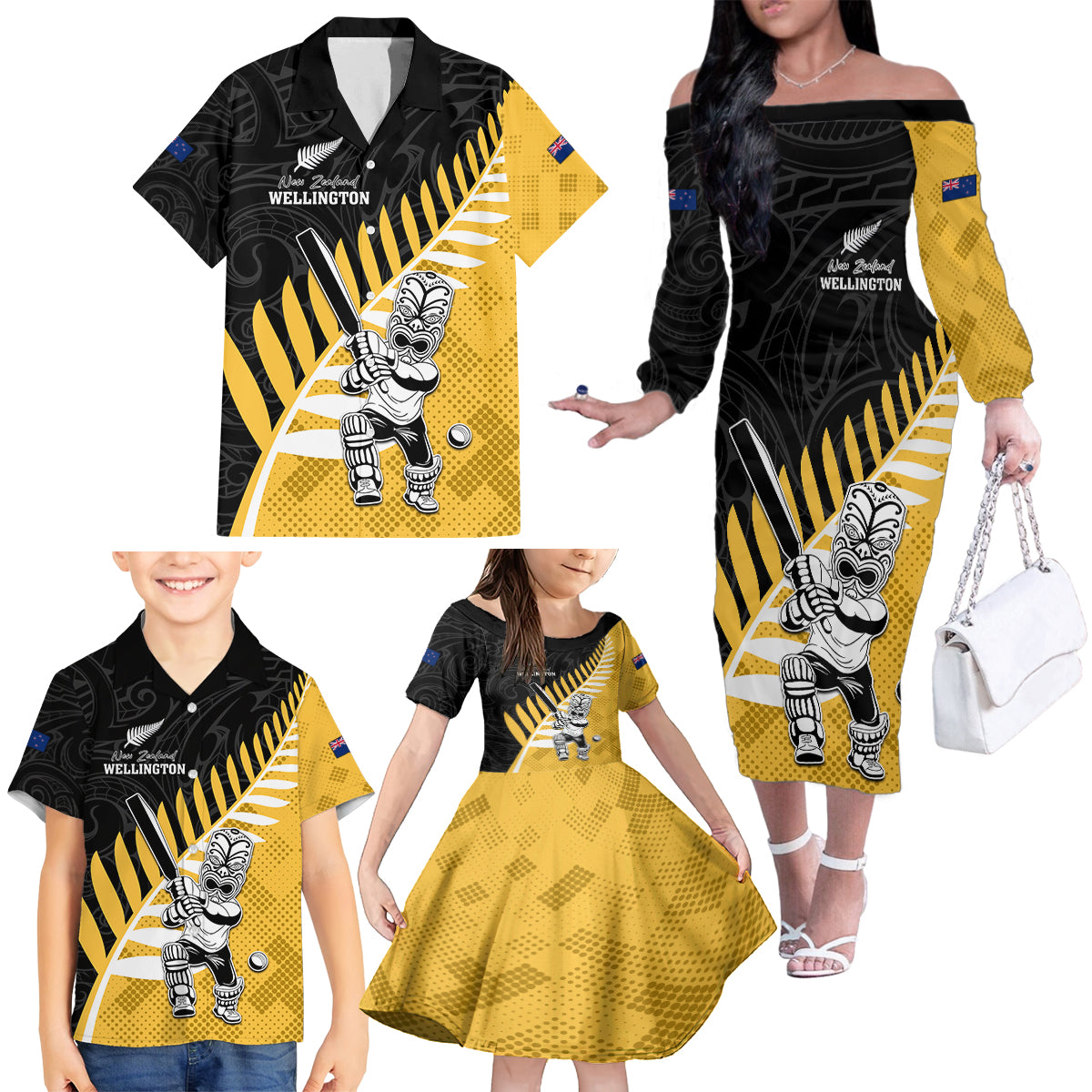 Custom New Zealand Wellington Cricket Family Matching Off The Shoulder Long Sleeve Dress and Hawaiian Shirt With Maori Pattern LT05 - Polynesian Pride