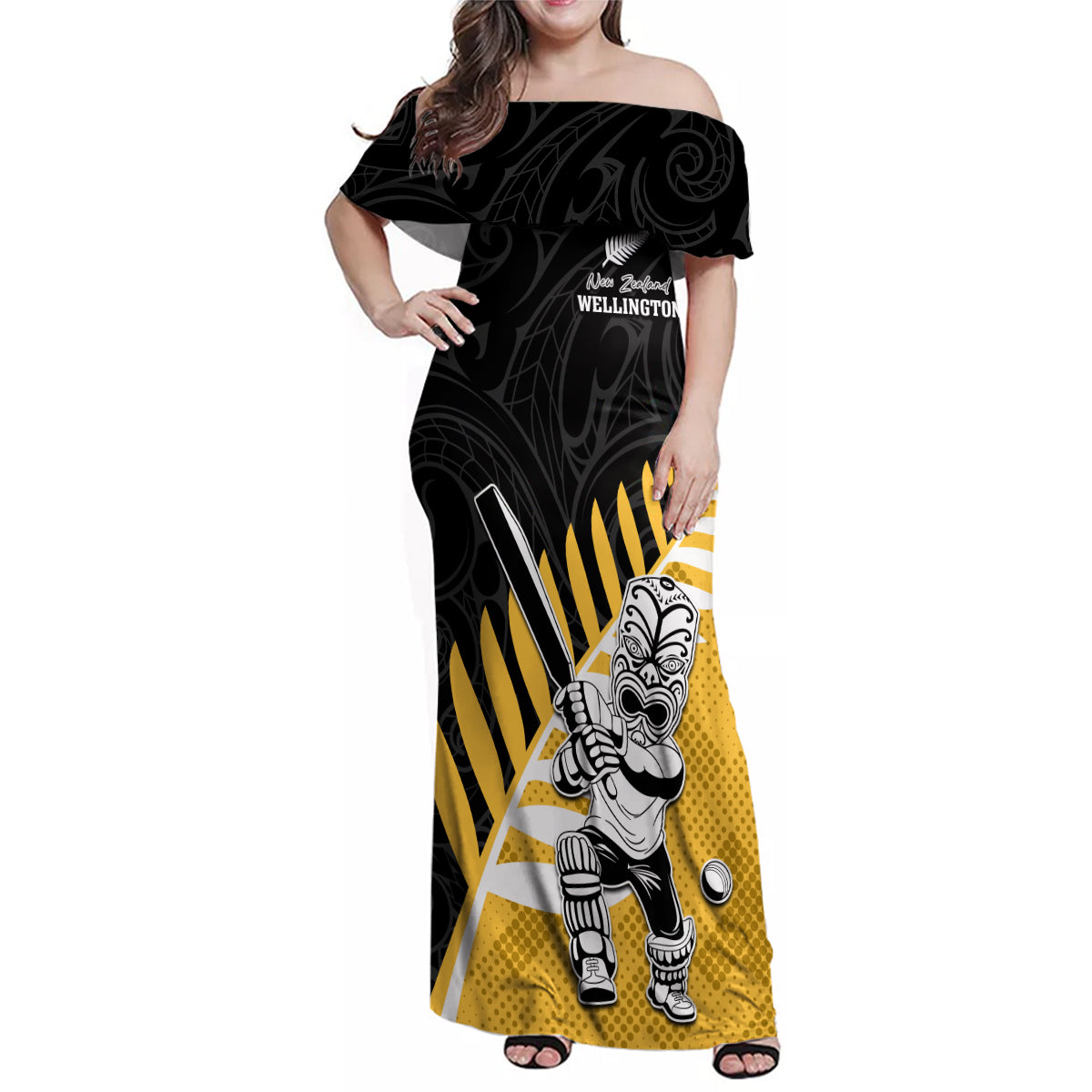 Custom New Zealand Wellington Cricket Family Matching Off Shoulder Maxi Dress and Hawaiian Shirt With Maori Pattern LT05 Mom's Dress Yellow - Polynesian Pride