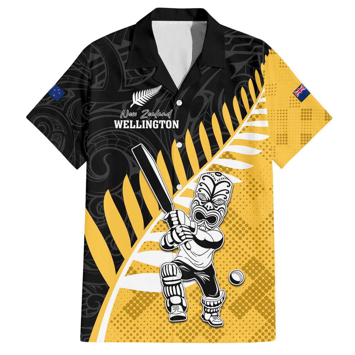 Custom New Zealand Wellington Cricket Family Matching Off Shoulder Short Dress and Hawaiian Shirt With Maori Pattern LT05 Dad's Shirt - Short Sleeve Yellow - Polynesian Pride