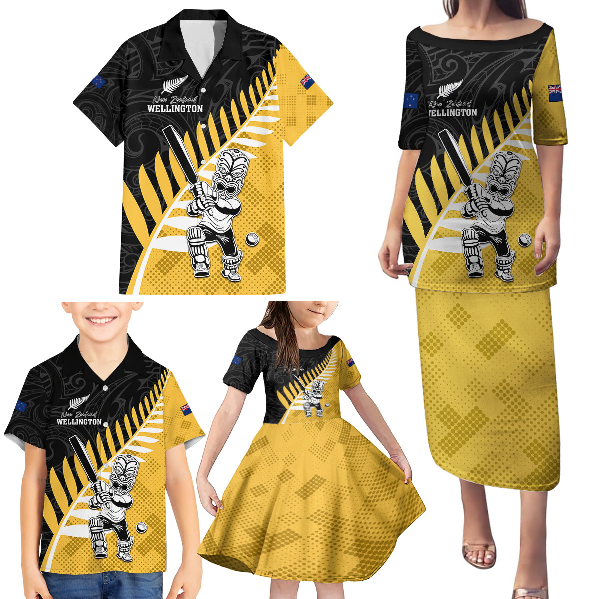 Custom New Zealand Wellington Cricket Family Matching Puletasi and Hawaiian Shirt With Maori Pattern LT05 - Polynesian Pride