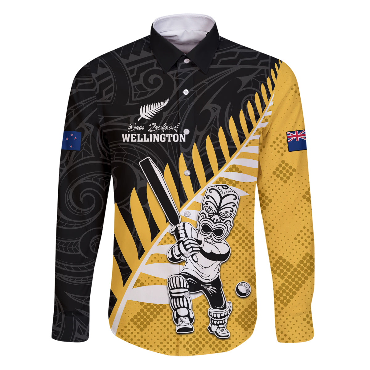 Custom New Zealand Wellington Cricket Family Matching Puletasi and Hawaiian Shirt With Maori Pattern LT05 Dad's Shirt - Long Sleeve Yellow - Polynesian Pride