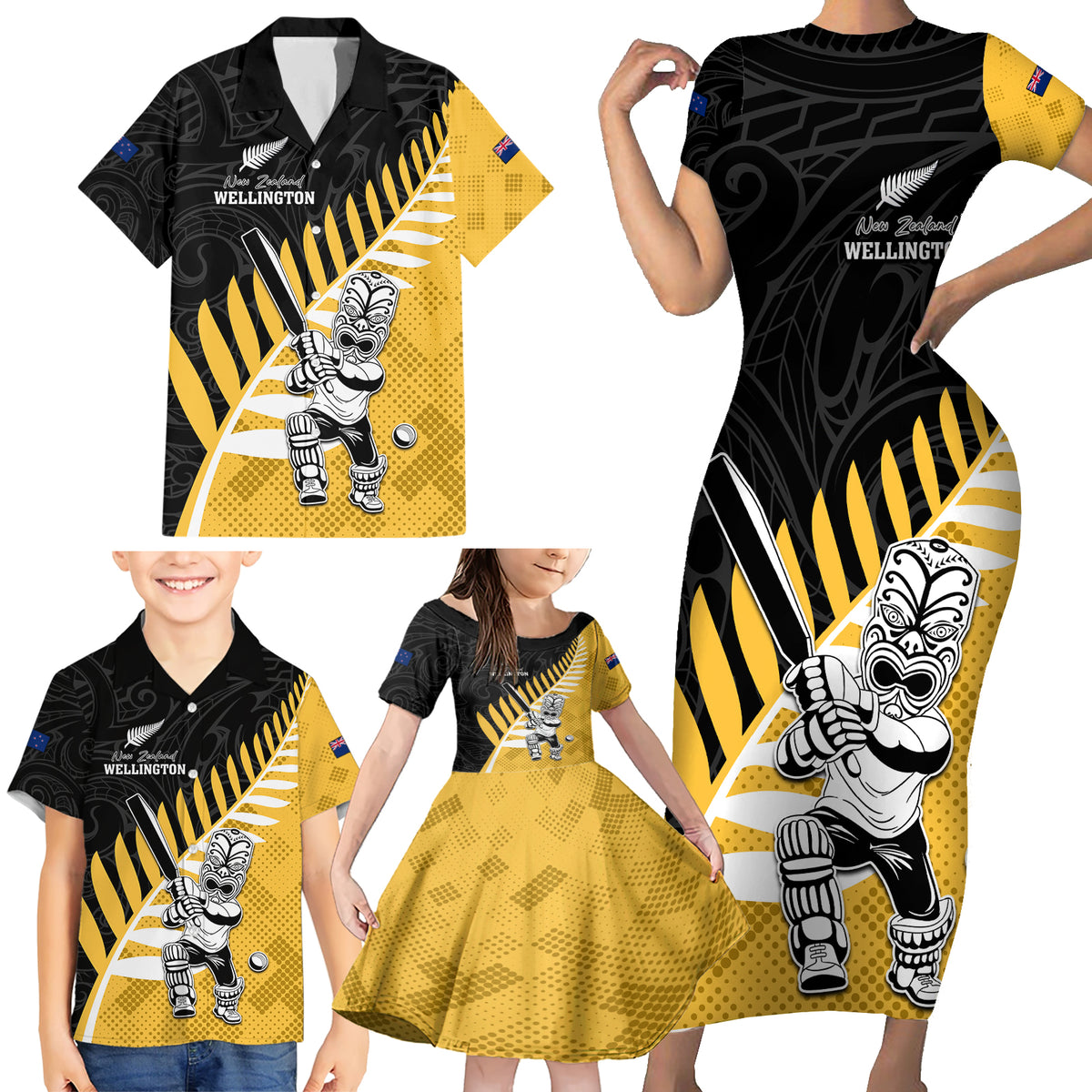 Custom New Zealand Wellington Cricket Family Matching Short Sleeve Bodycon Dress and Hawaiian Shirt With Maori Pattern LT05 - Polynesian Pride