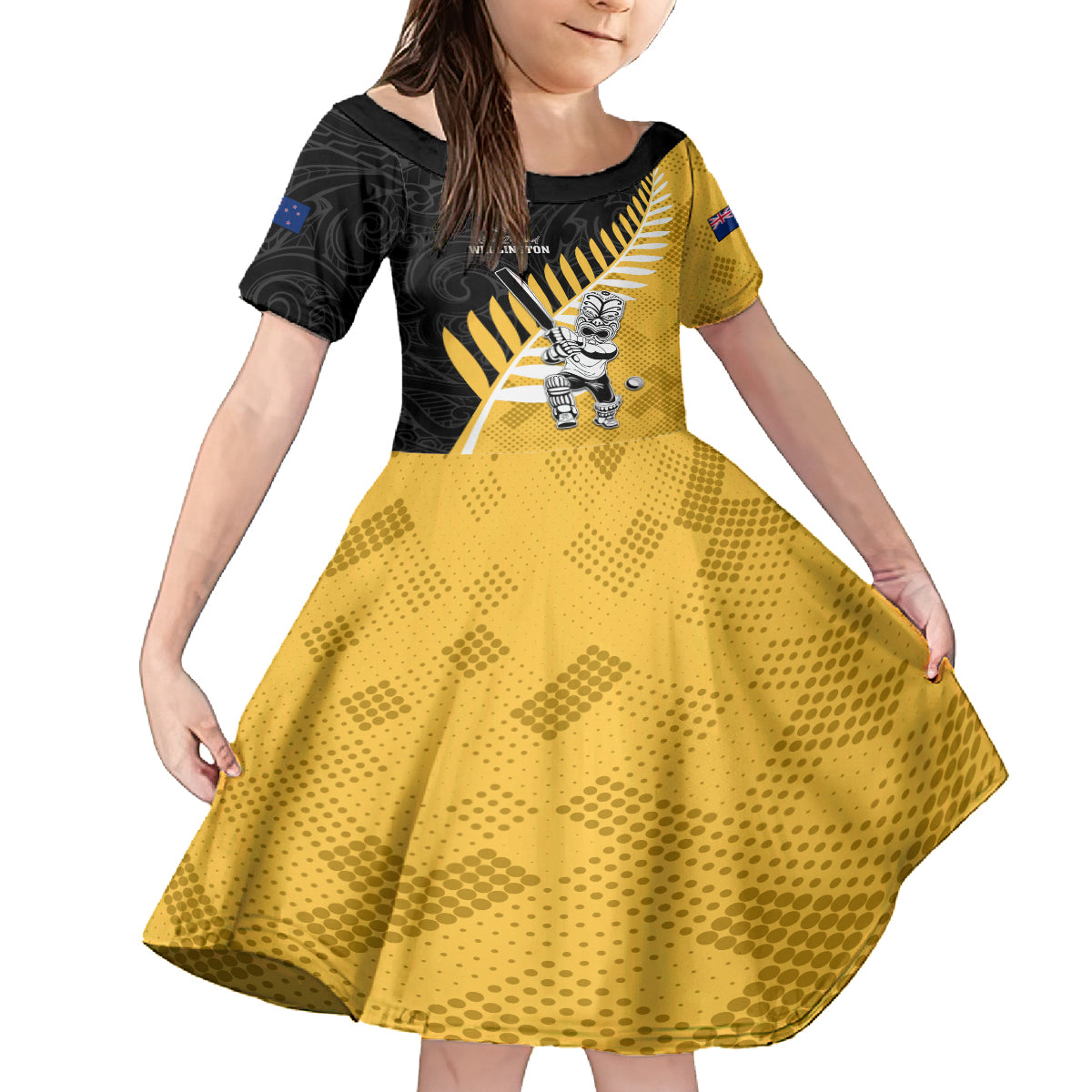 Custom New Zealand Wellington Cricket Family Matching Tank Maxi Dress and Hawaiian Shirt With Maori Pattern LT05 Daughter's Dress Yellow - Polynesian Pride