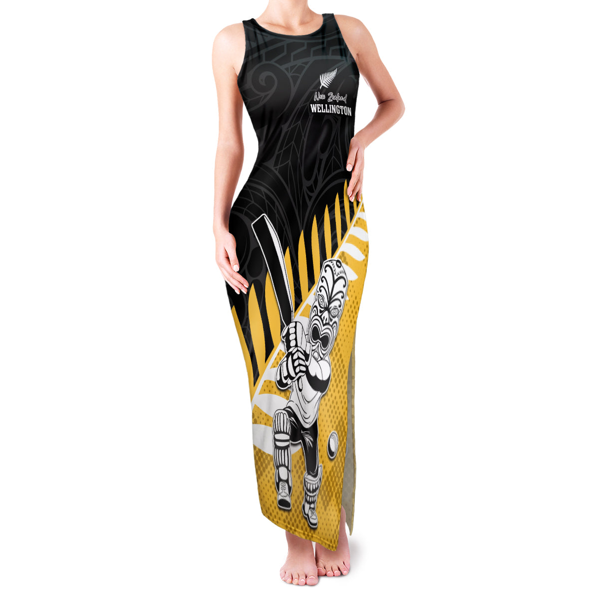 Custom New Zealand Wellington Cricket Family Matching Tank Maxi Dress and Hawaiian Shirt With Maori Pattern LT05 Mom's Dress Yellow - Polynesian Pride