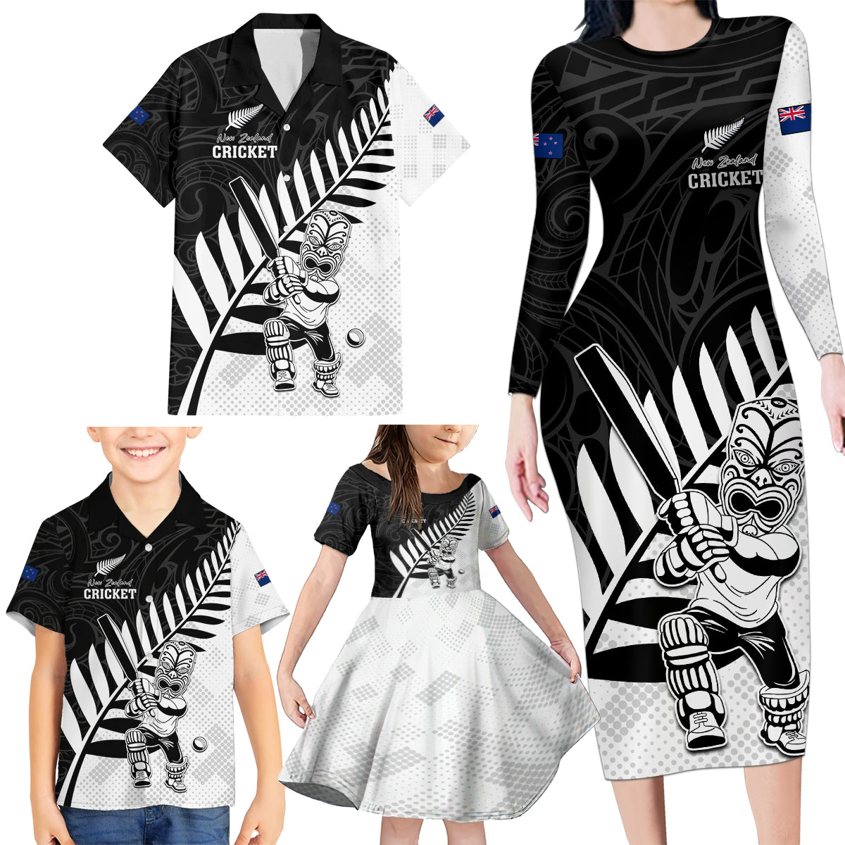Custom New Zealand Cricket Family Matching Long Sleeve Bodycon Dress and Hawaiian Shirt With Maori Pattern LT05 - Polynesian Pride