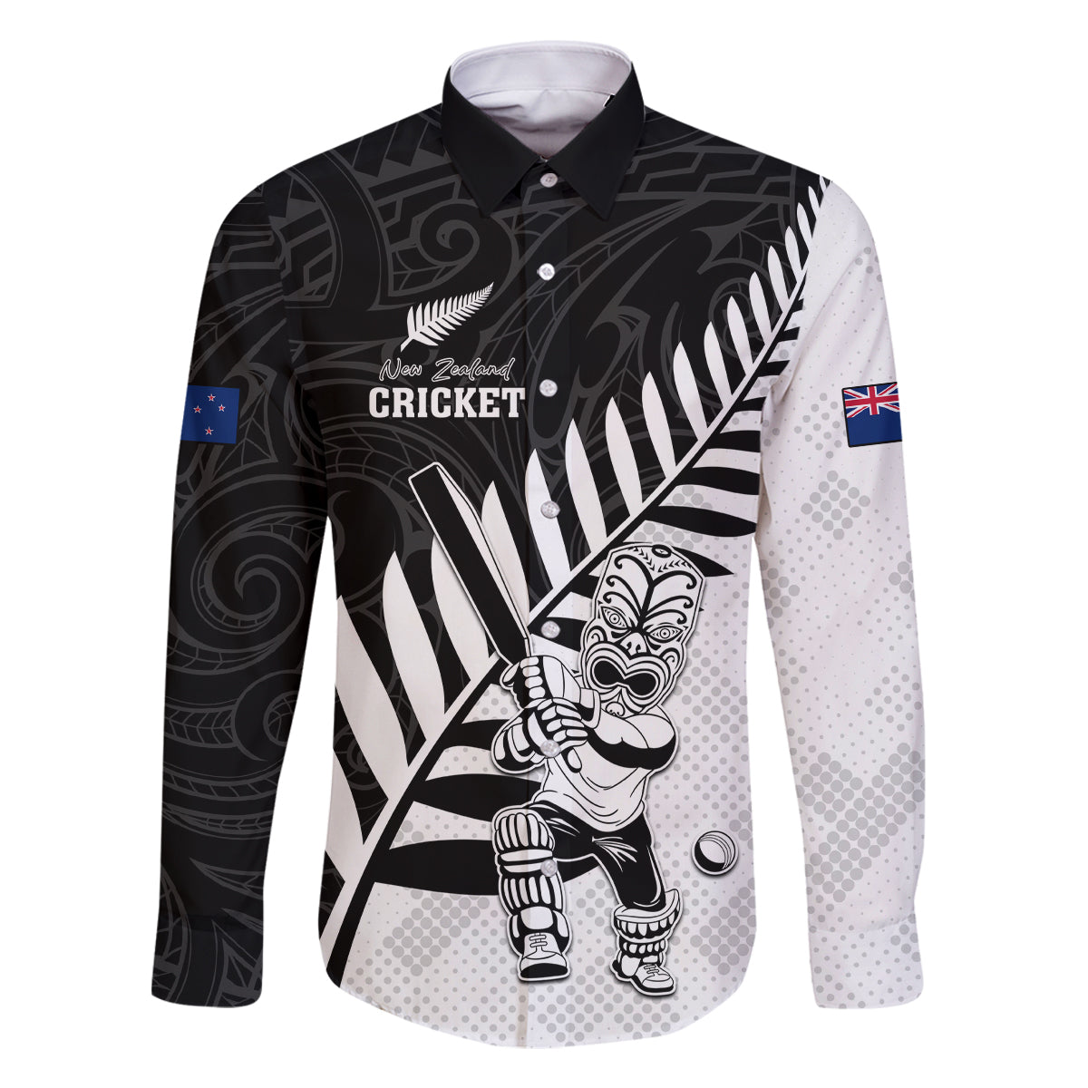 Custom New Zealand Cricket Family Matching Long Sleeve Bodycon Dress and Hawaiian Shirt With Maori Pattern LT05 Dad's Shirt - Long Sleeve Black - Polynesian Pride